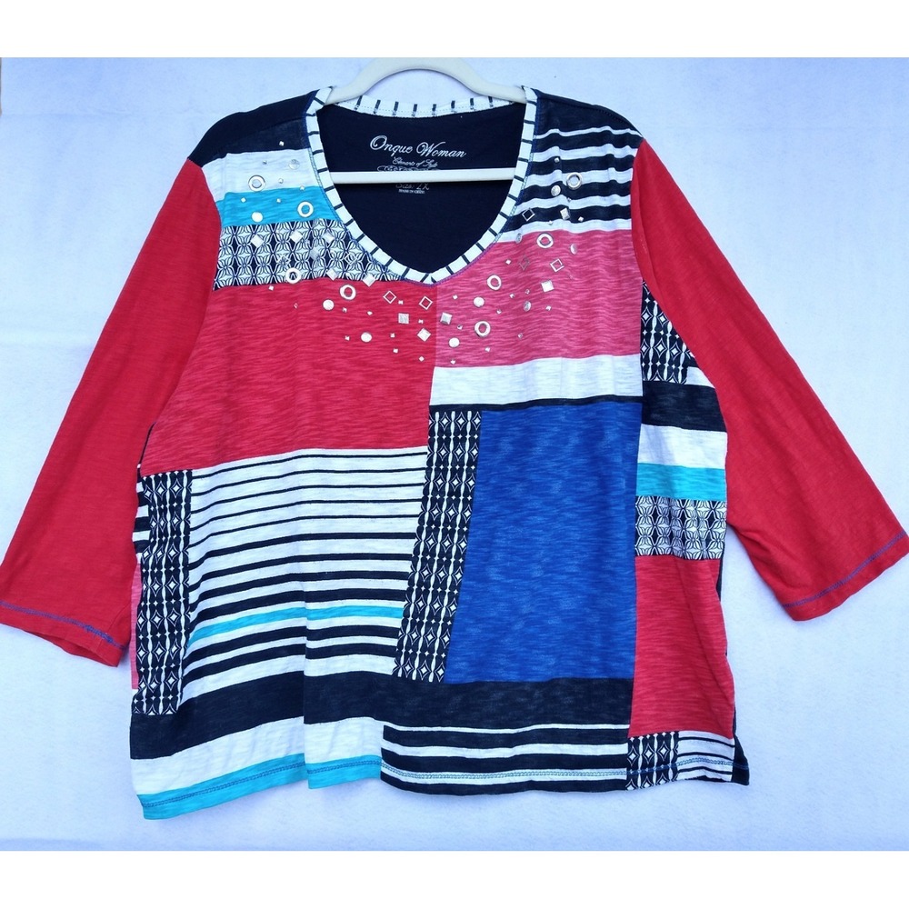 Onque Women Multi Colored Patchwork Color Block Top Sz 2xl Art-to-Wear Eclectic